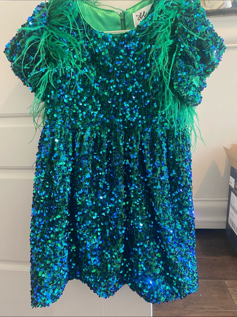 Lola + The Boys Emerald and Teal Sequin Feather Dress